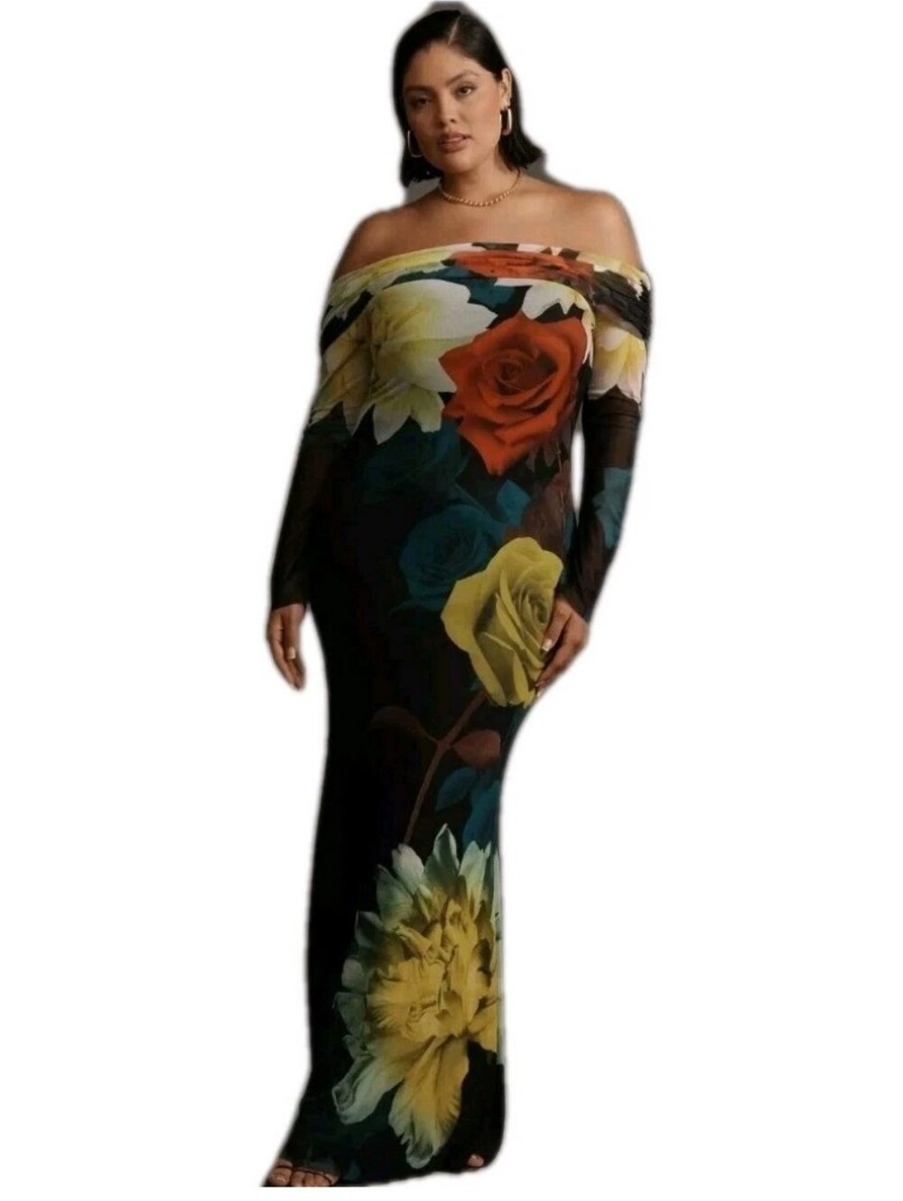 AFRM Anthropologie Long Sleeve Off Shoulder Mesh Floral Maxi Dress Plus Size: 2X